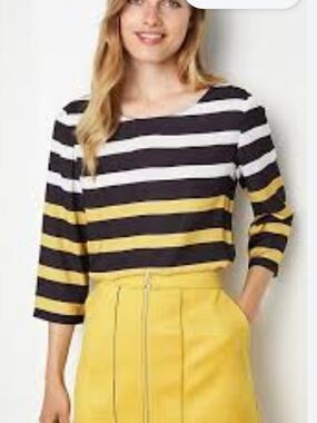 Ann Taylor Striped Boatneck Top in Navy Blue, White & Yellow